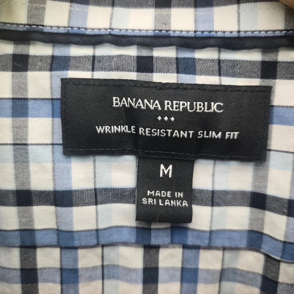 Banana Republic Shirt Mens M Blue Plaid Slim Fit Wrinkle Resistant Button Up LS